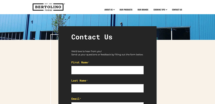 Bertolino Foods Contact page design