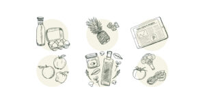 hand-drawn food illustrations, pineapple, tomato, broccoli, etc.